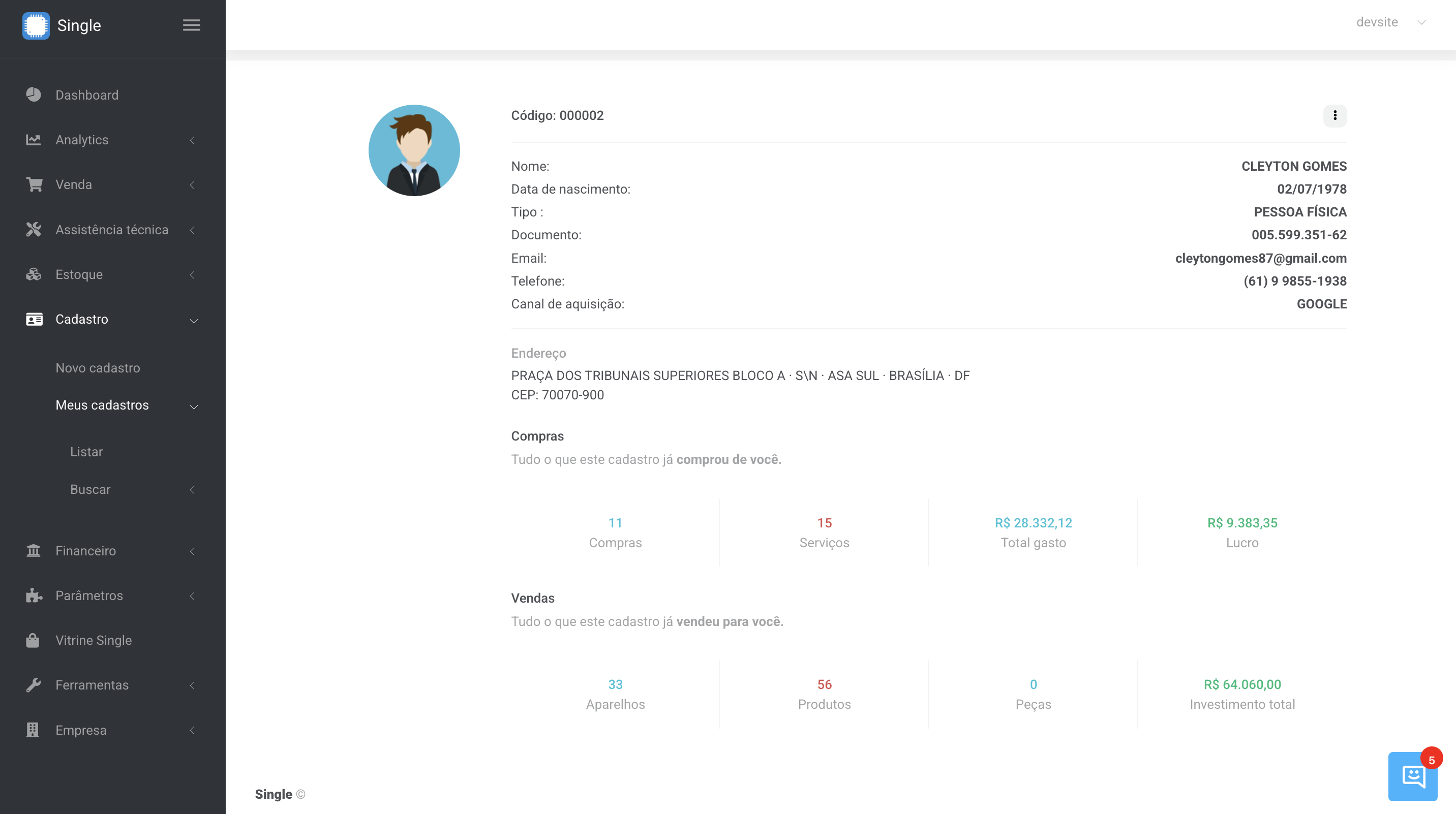 Cadastro do cliente