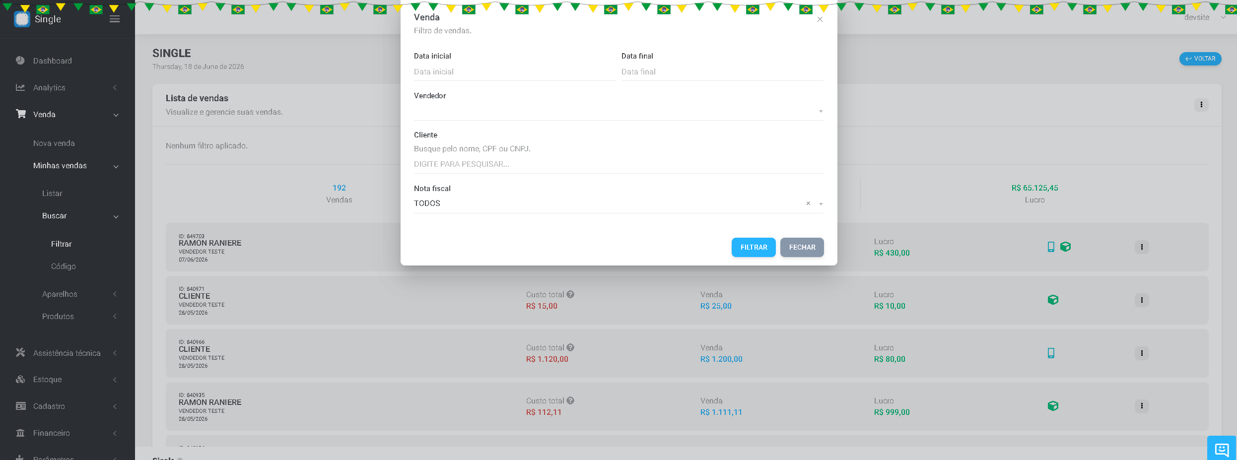 filtro de vendas em sistema para loja de celular