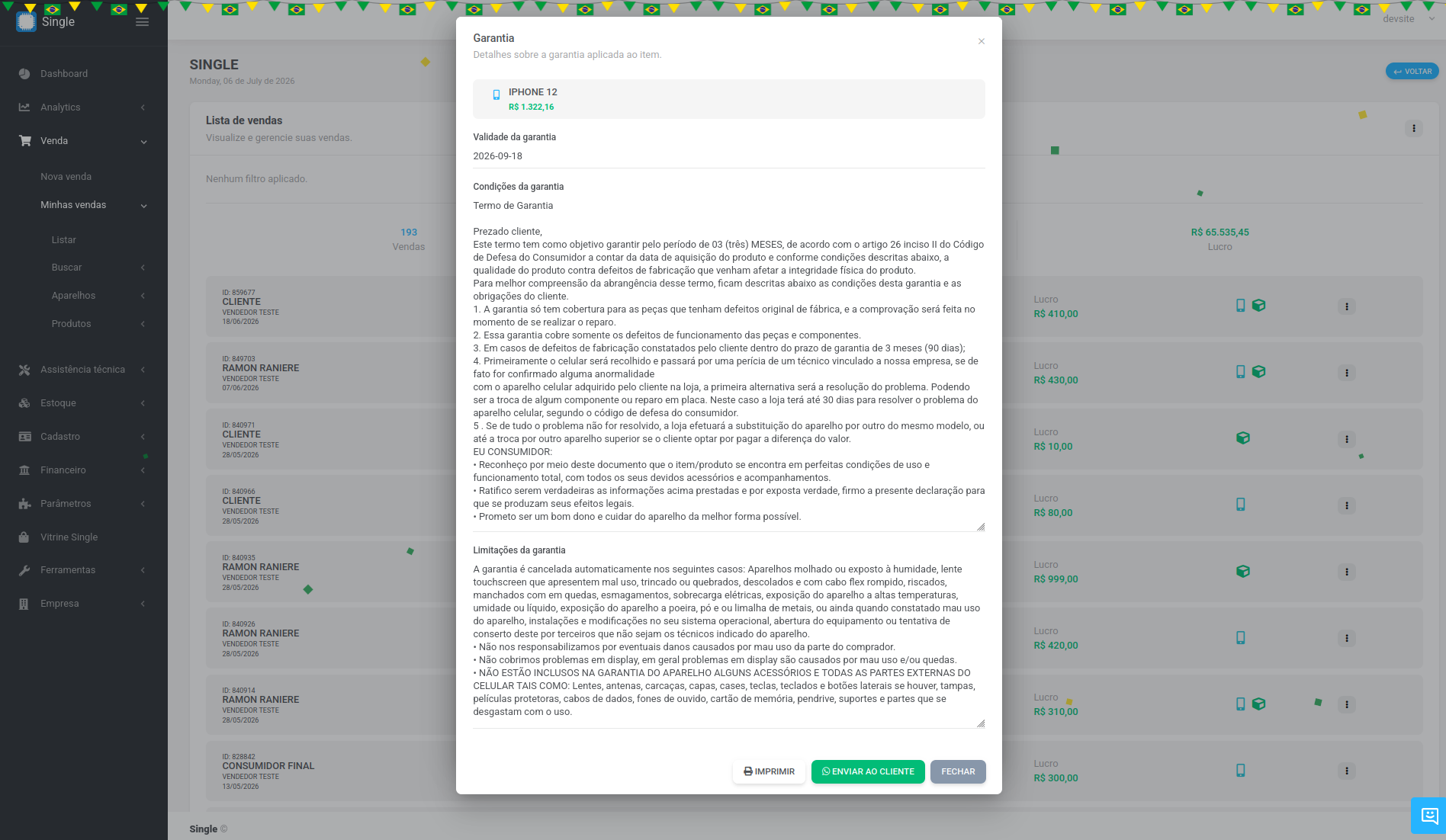 Garantia em sistema para loja de celular