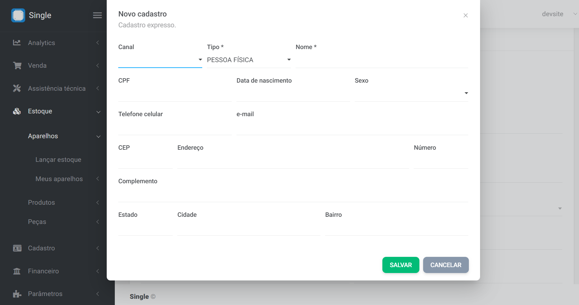Cadastro de Fornecedores em sistema de loja de celular