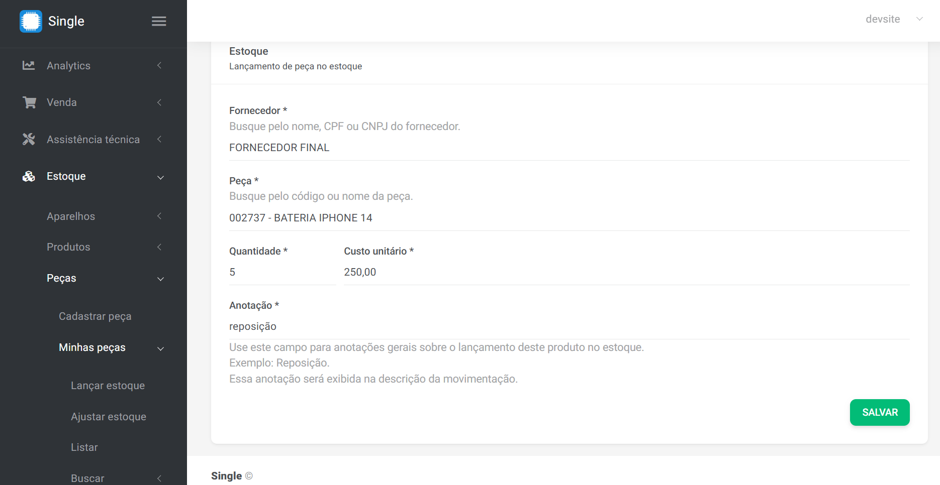 Reposição de peça para assistência técnica