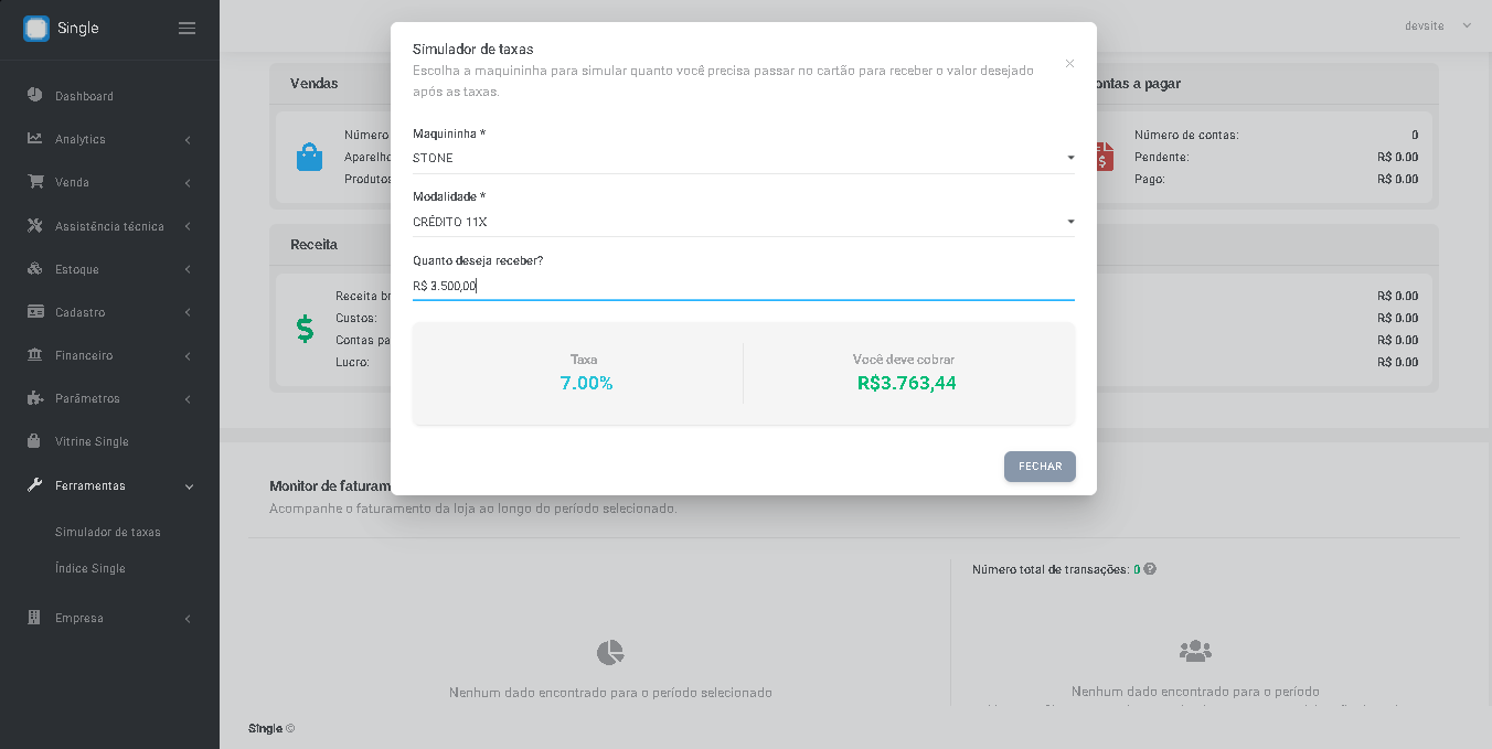 simular taxa em sistema para loja de celular