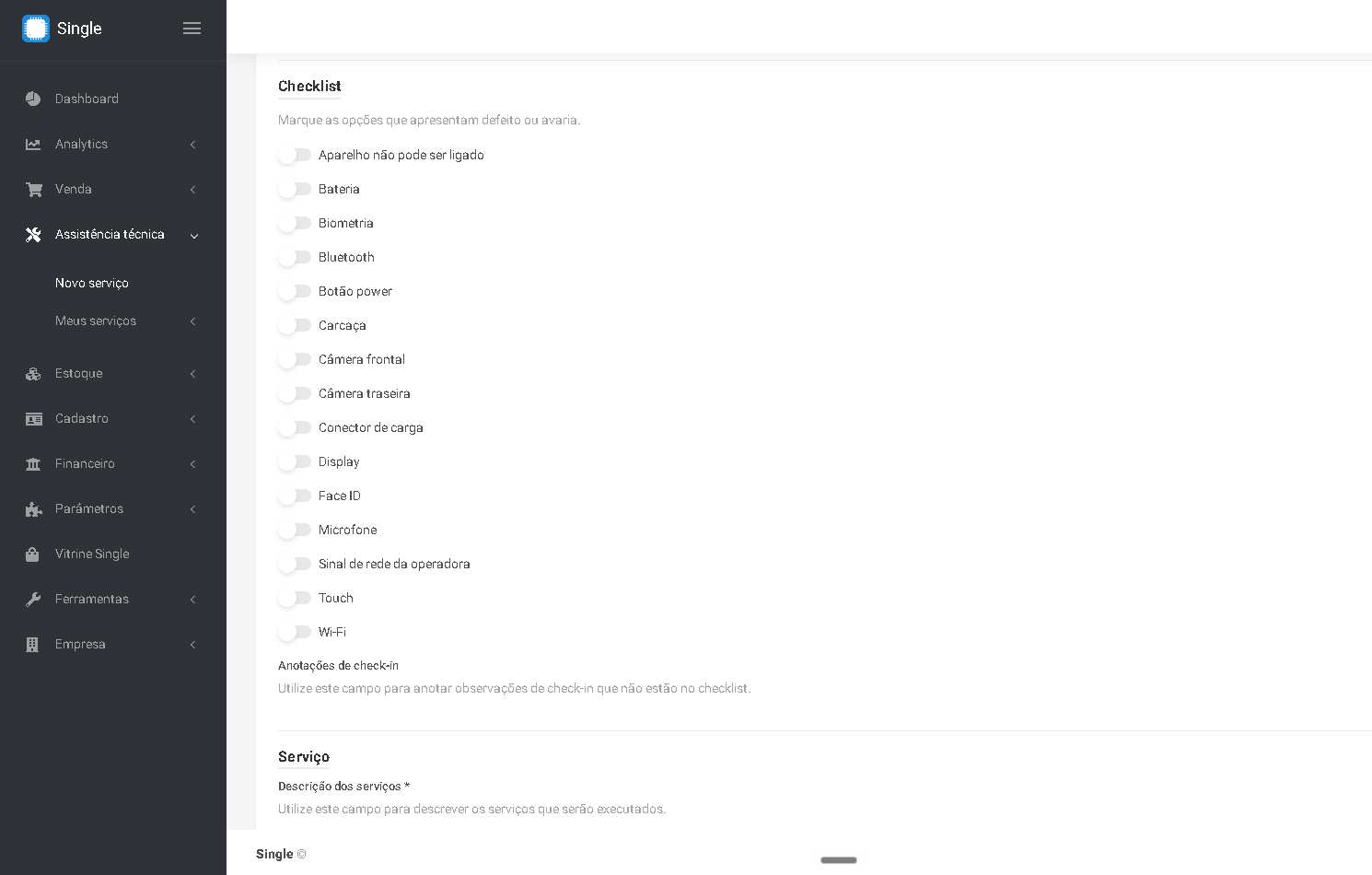 checklist para sistema de loja de celular